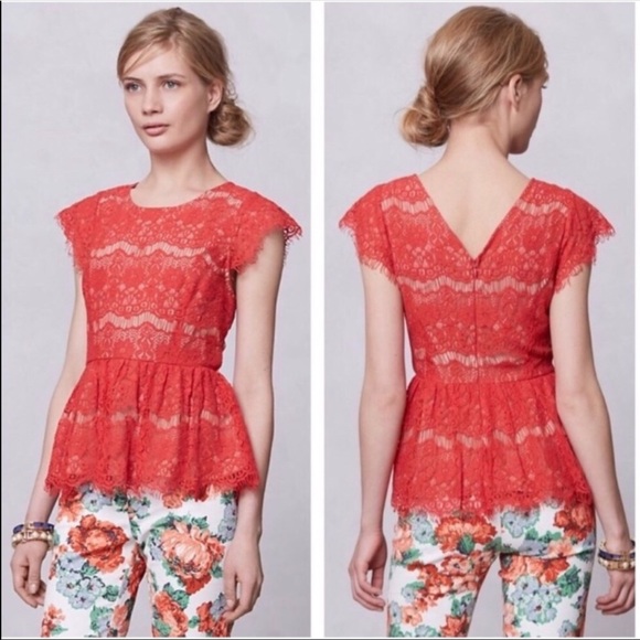 Maeve Tops - Maeve  Red Nude Lace Peplum Blouse Anthropologie